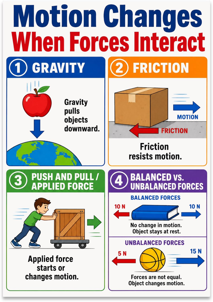 Force and motion poster with four panels illustrating gravity, friction, pushing, and balanced forces