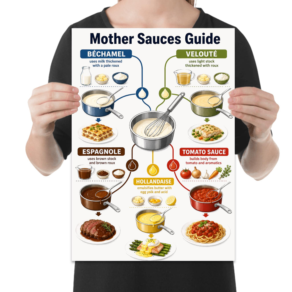 Mother Sauces Guide poster with five sauce categories, ingredients, saucepans, and finished dishes held by a person for scale
