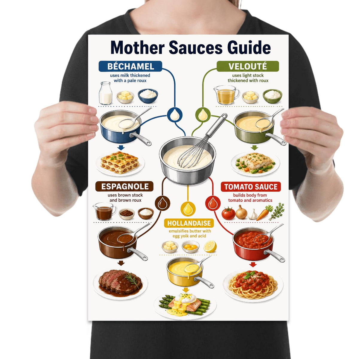 Mother Sauces Guide poster with five sauce categories, ingredients, saucepans, and finished dishes held by a person for scale