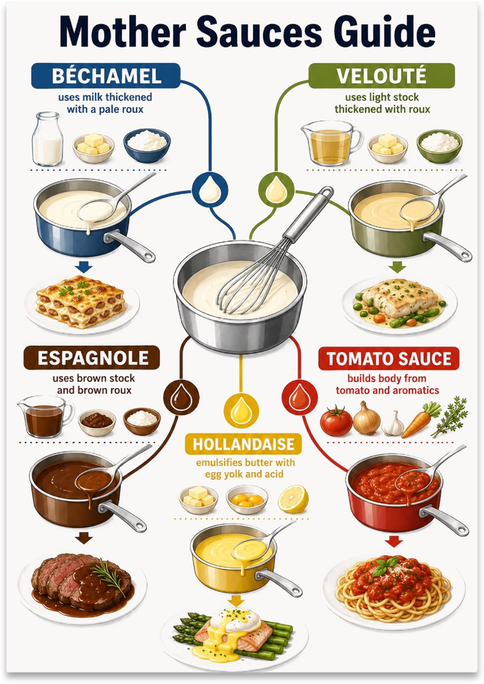 Mother Sauces Guide poster with five sauce categories, ingredients, saucepans, and finished dishes