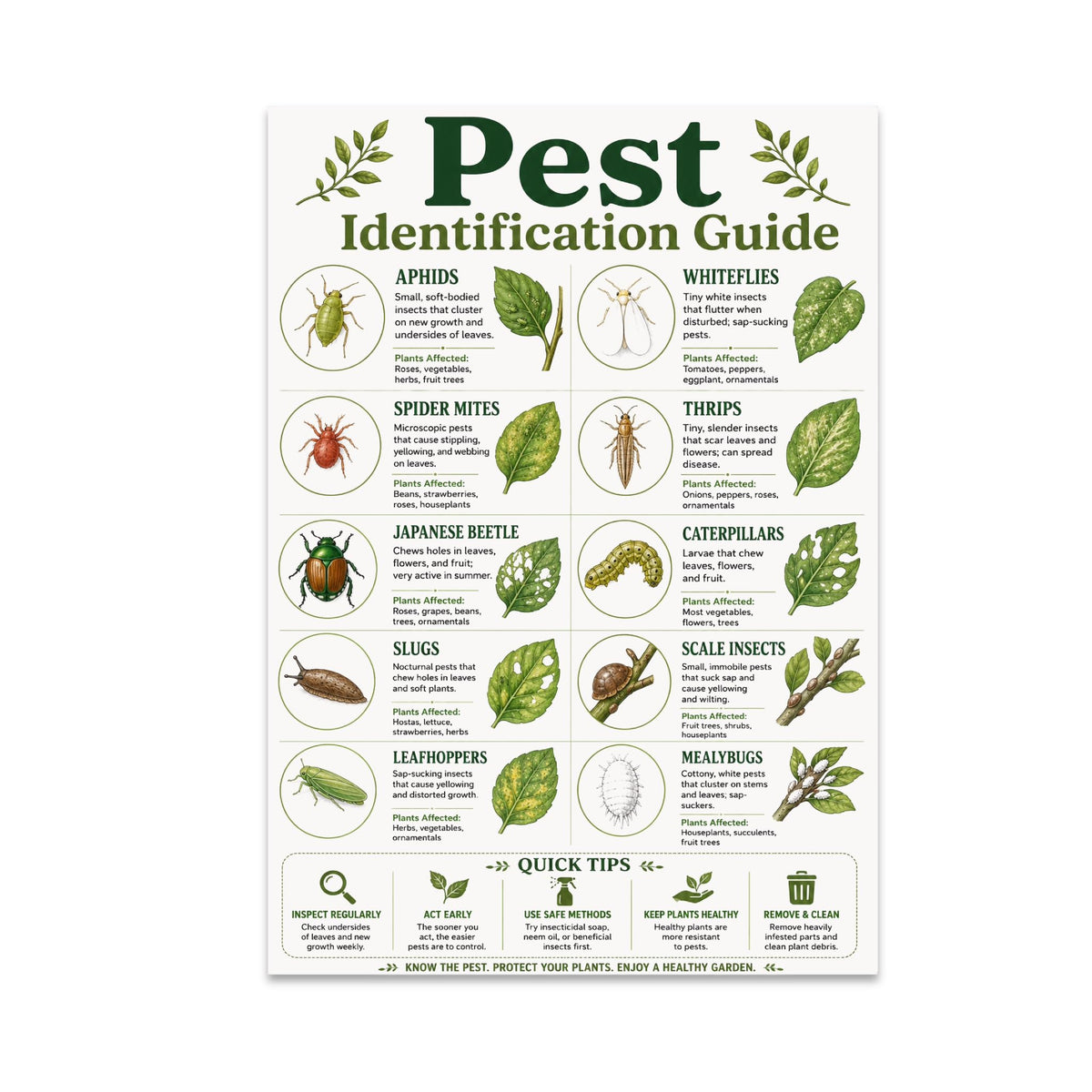 Garden Pest Identification Guide poster with ten labeled pests, leaf illustrations and a quick tips strip