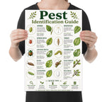Garden Pest Identification Guide poster with ten labeled pests, leaf illustrations and a quick tips strip shown in a held-poster mockup