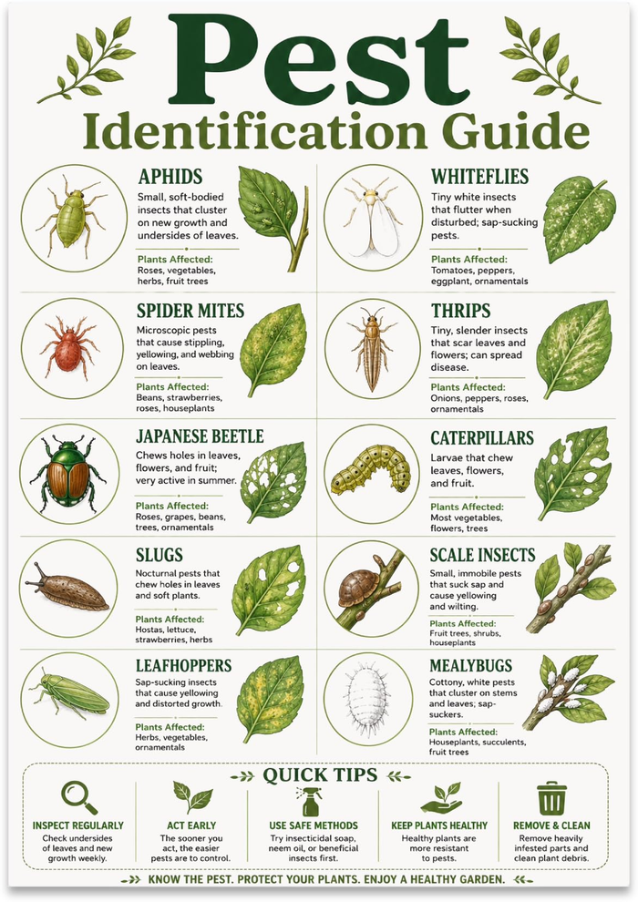 Garden Pest Identification Guide poster with ten labeled pests, leaf illustrations and a quick tips strip