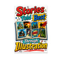 Stories Told Best Through Illustration poster with colorful comic panels, a castle, pirate ship, rocket and dragon