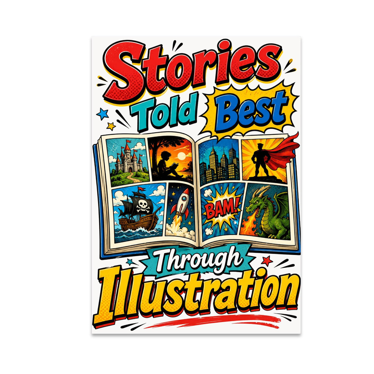 Stories Told Best Through Illustration poster with colorful comic panels, a castle, pirate ship, rocket and dragon