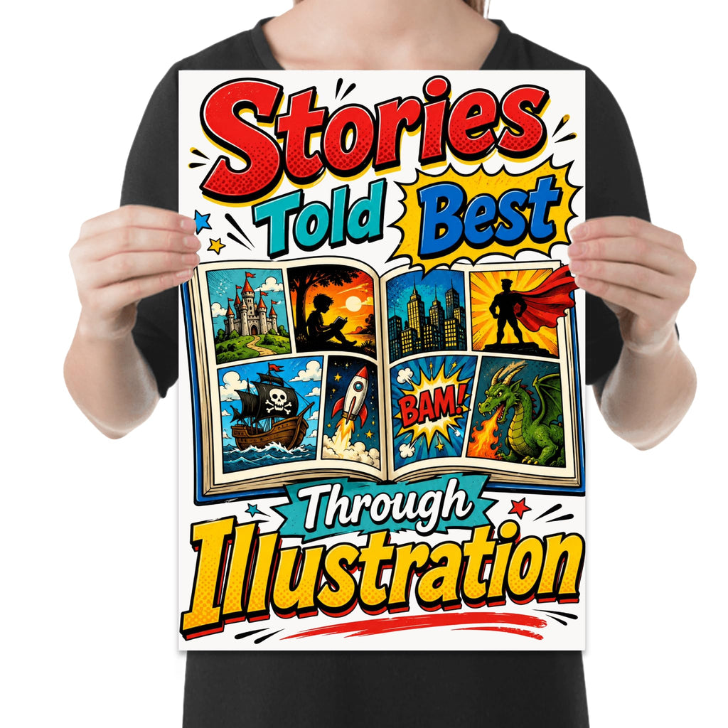 Stories Told Best Through Illustration poster with colorful comic panels, a castle, pirate ship, rocket and dragon shown in a held-poster mockup