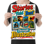 Stories Told Best Through Illustration poster with colorful comic panels, a castle, pirate ship, rocket and dragon shown in a held-poster mockup