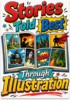 Stories Told Best Through Illustration poster with colorful comic panels, a castle, pirate ship, rocket and dragon