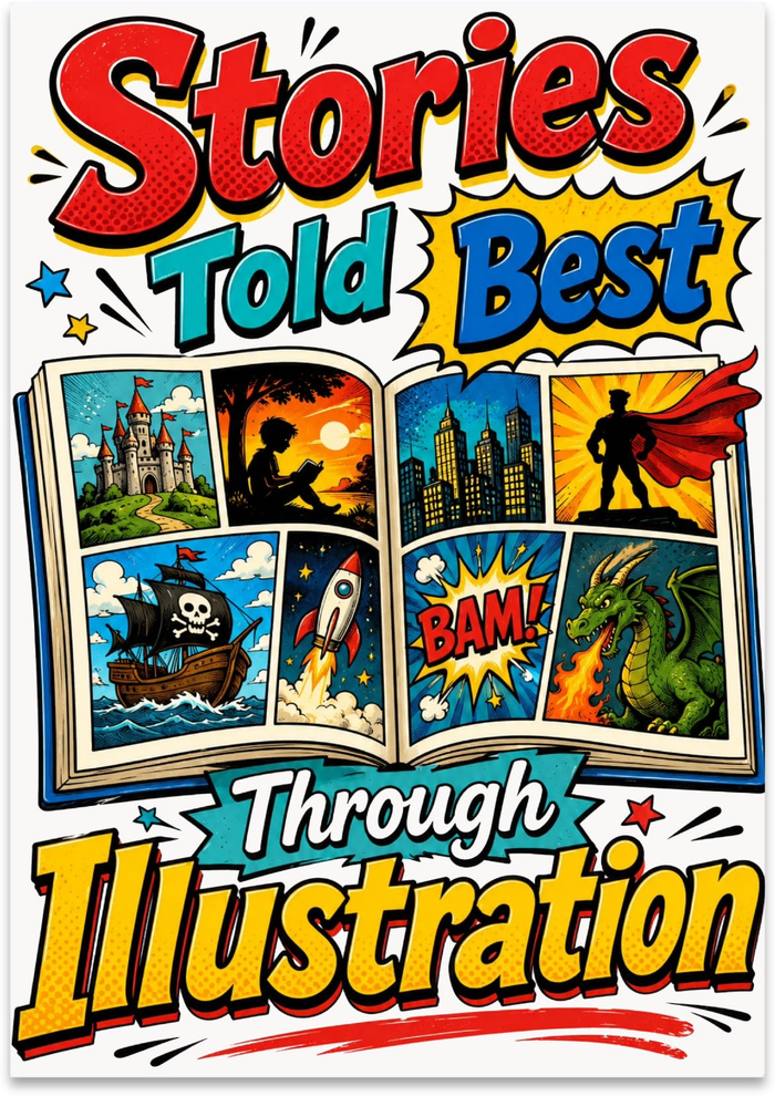 Stories Told Best Through Illustration poster with colorful comic panels, a castle, pirate ship, rocket and dragon