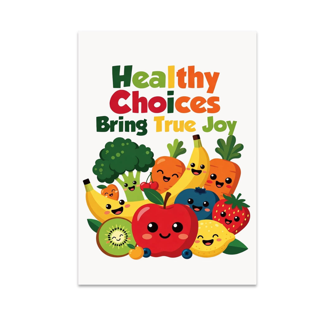 Healthy Choices Bring True Joy poster with smiling apples, bananas, broccoli, carrots and other colorful produce