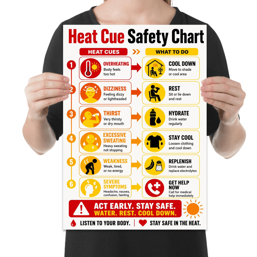 Heat Cue Safety Chart poster with six red and yellow rows linking heat symptoms to cooling, rest, hydration and help prompts shown in a held-poster mockup