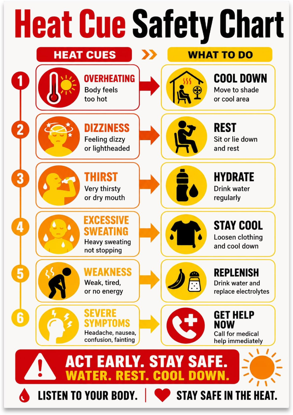 Heat Cue Safety Chart poster with six red and yellow rows linking heat symptoms to cooling, rest, hydration and help prompts