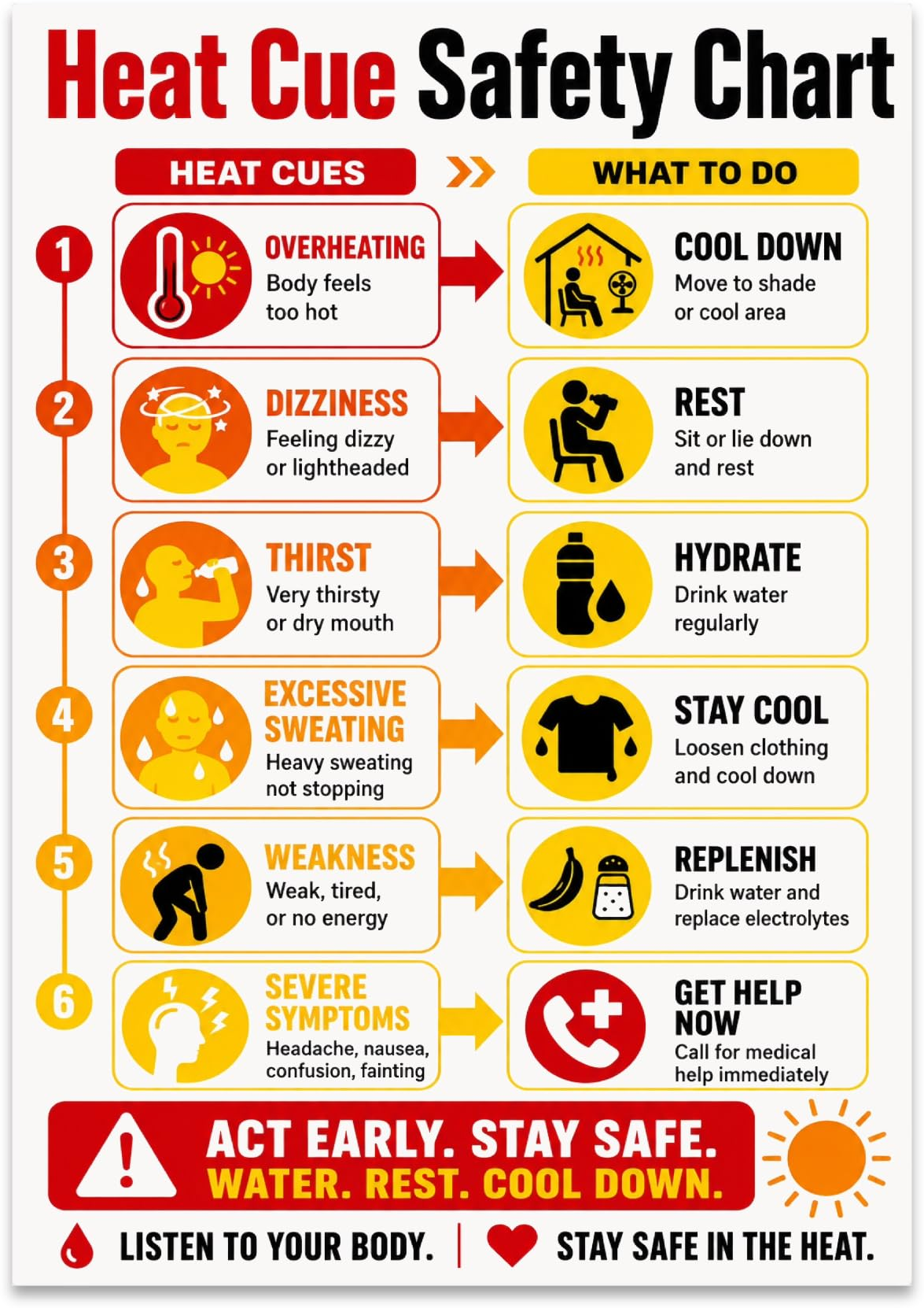 Heat Cue Safety Chart poster with six red and yellow rows linking heat symptoms to cooling, rest, hydration and help prompts