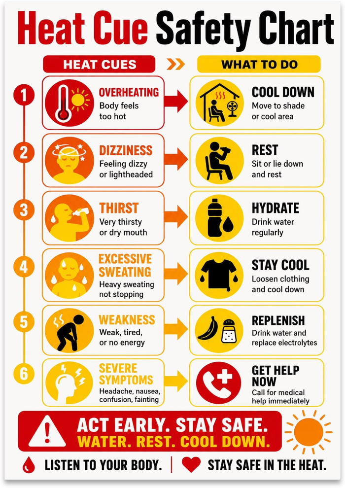 Heat Cue Safety Chart poster with six red and yellow rows linking heat symptoms to cooling, rest, hydration and help prompts