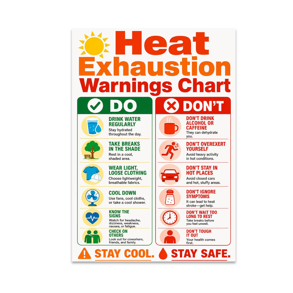 Heat Exhaustion Warnings Chart poster with green do and red don't columns and water, shade and cooling icons