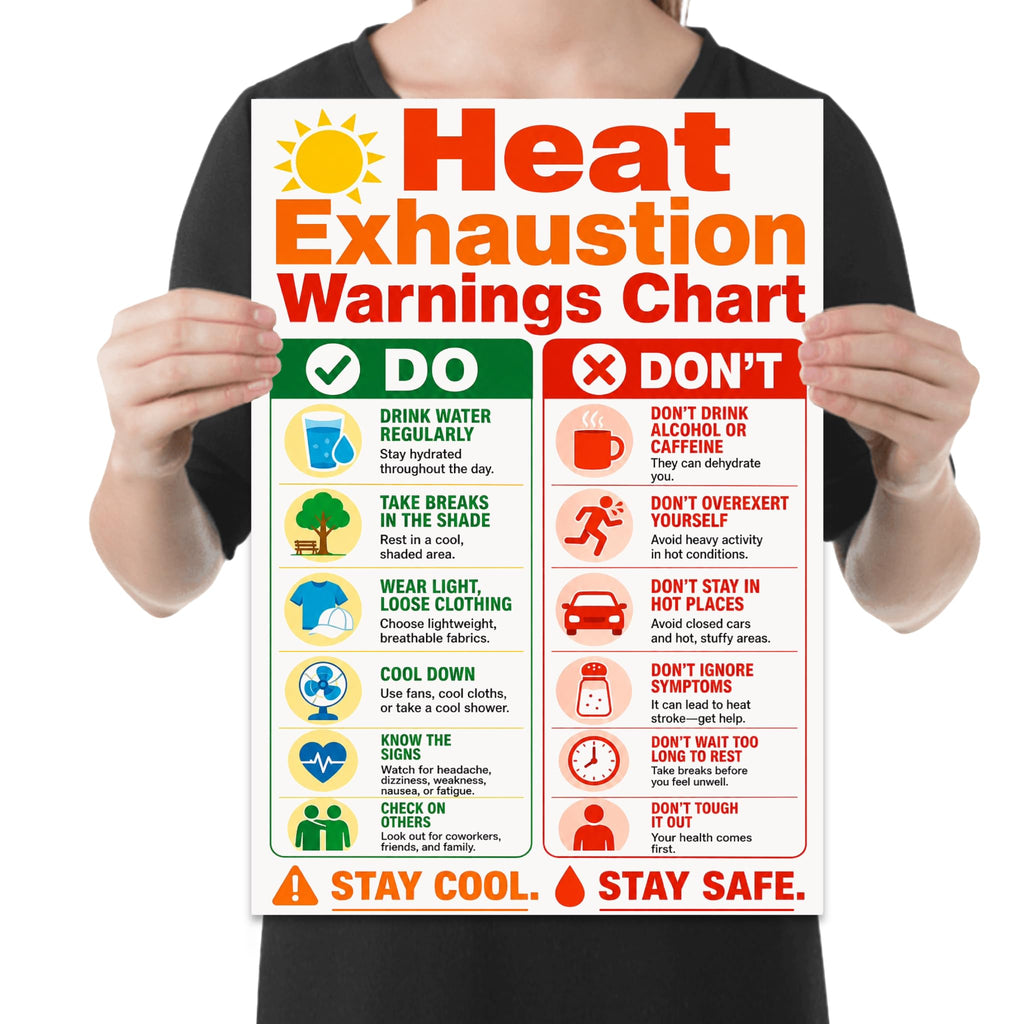 Heat Exhaustion Warnings Chart poster with green do and red don't columns and water, shade and cooling icons shown in a held-poster mockup