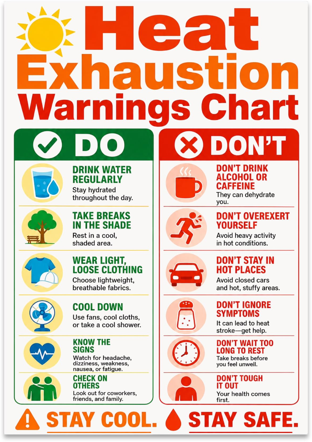 Heat Exhaustion Warnings Chart poster with green do and red don't columns and water, shade and cooling icons