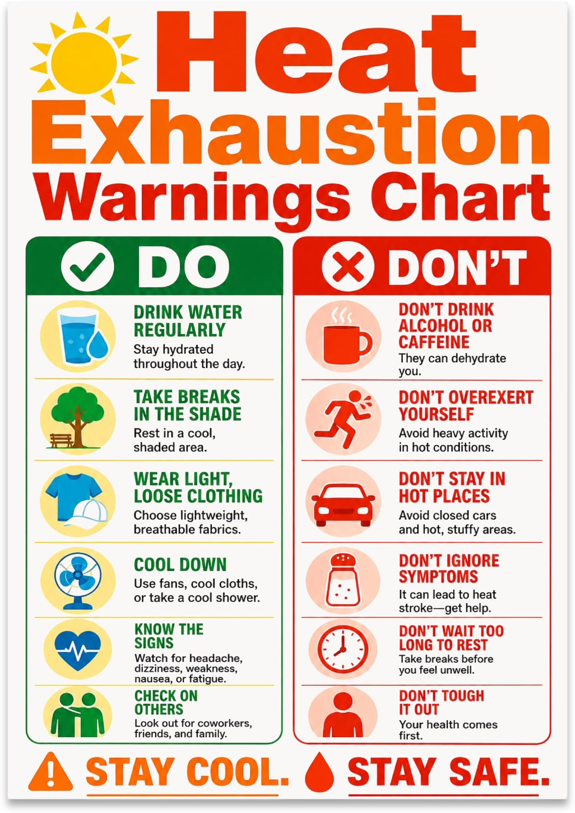 Heat Exhaustion Warnings Chart poster with green do and red don't columns and water, shade and cooling icons
