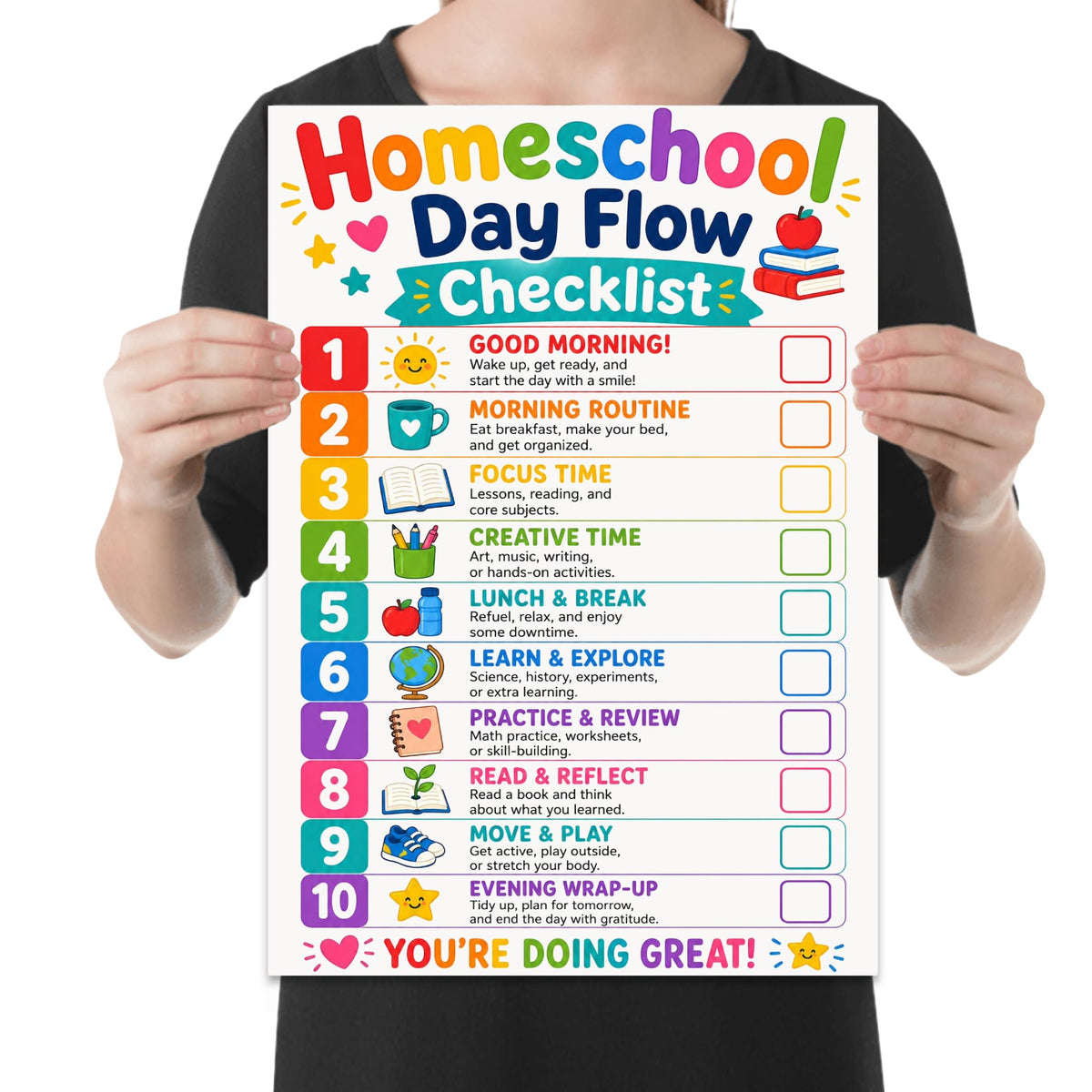 Person holding the Homeschool Day Flow Checklist paper poster