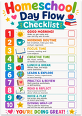 Homeschool Day Flow Checklist poster showing ten colorful routine steps with printed checkboxes