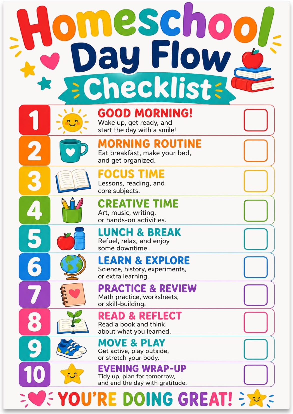 Homeschool Day Flow Checklist poster showing ten colorful routine steps with printed checkboxes