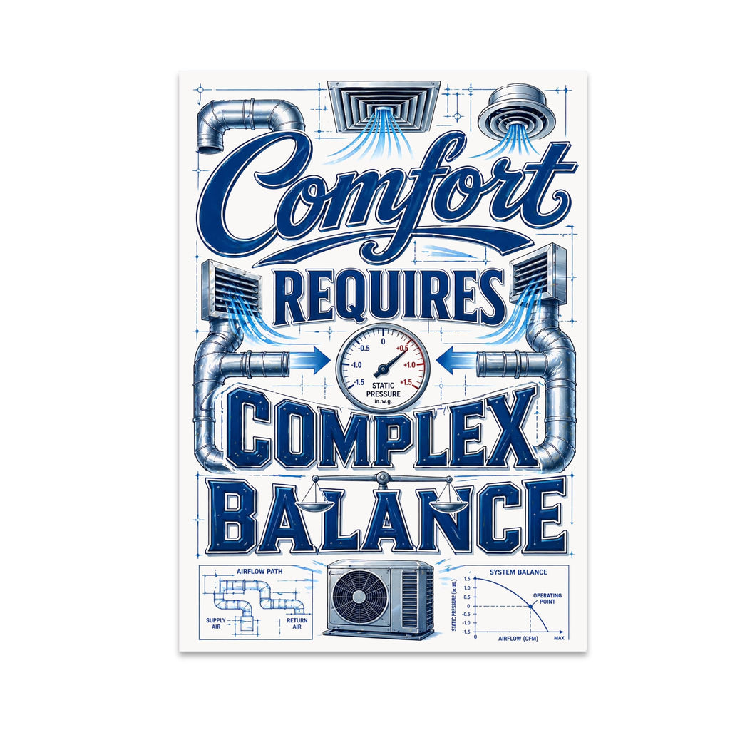 Comfort Requires Complex Balance HVAC poster with ducts, vents, a pressure gauge and blue equipment illustrations