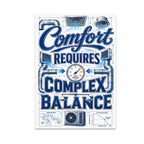 Comfort Requires Complex Balance HVAC poster with ducts, vents, a pressure gauge and blue equipment illustrations