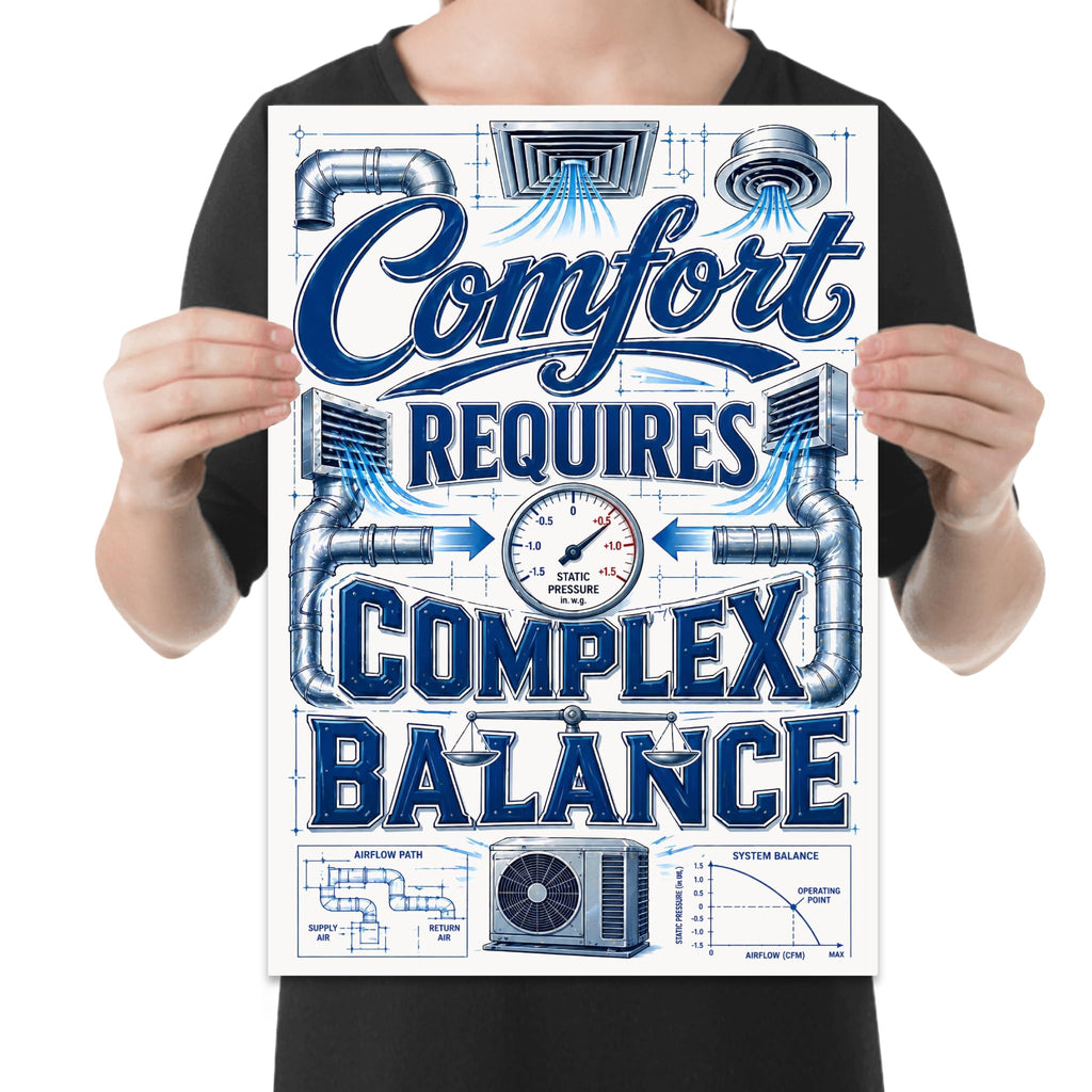 Comfort Requires Complex Balance HVAC poster with ducts, vents, a pressure gauge and blue equipment illustrations shown in a held-poster mockup