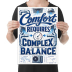 Comfort Requires Complex Balance HVAC poster with ducts, vents, a pressure gauge and blue equipment illustrations shown in a held-poster mockup