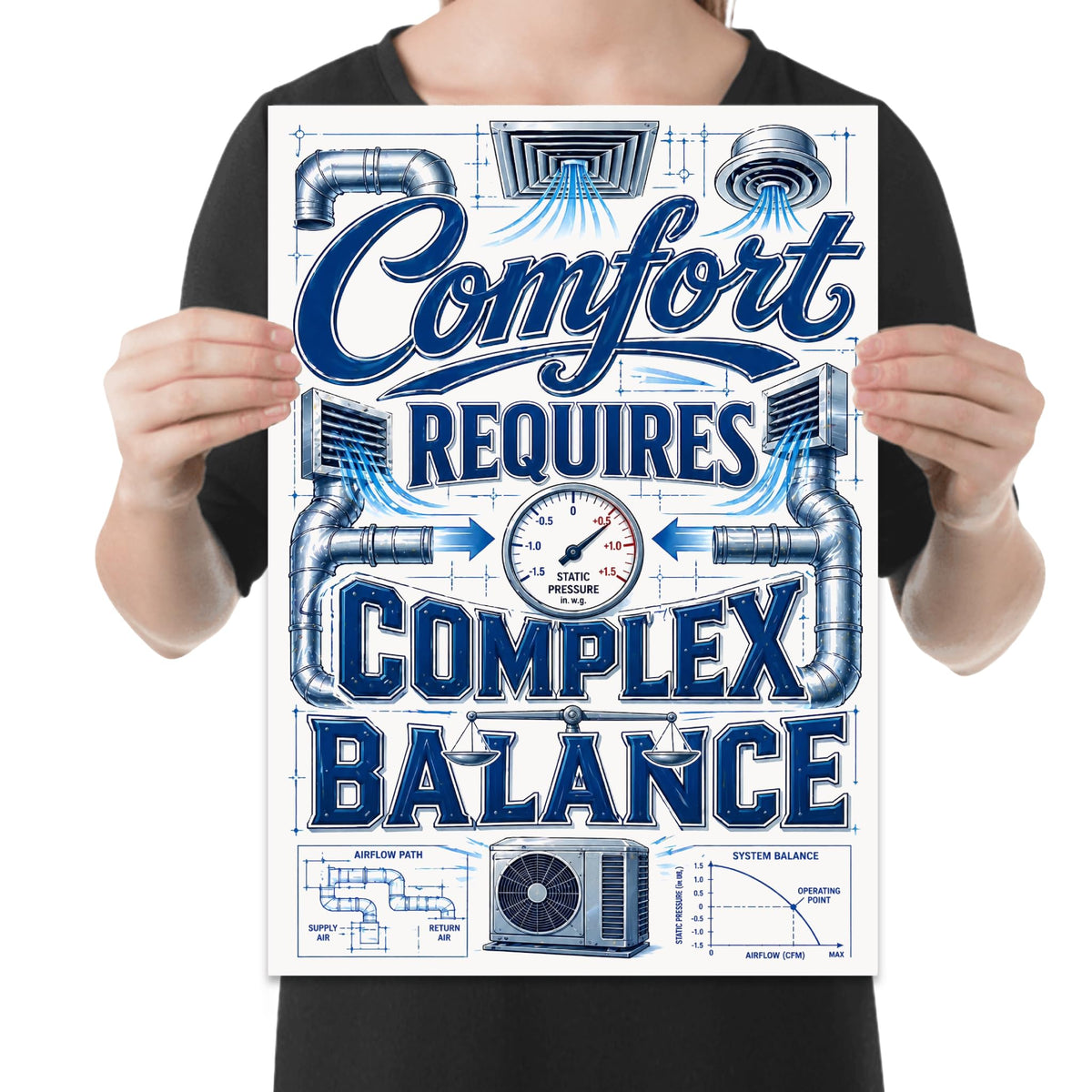 Comfort Requires Complex Balance HVAC poster with ducts, vents, a pressure gauge and blue equipment illustrations shown in a held-poster mockup