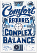 Comfort Requires Complex Balance HVAC poster with ducts, vents, a pressure gauge and blue equipment illustrations