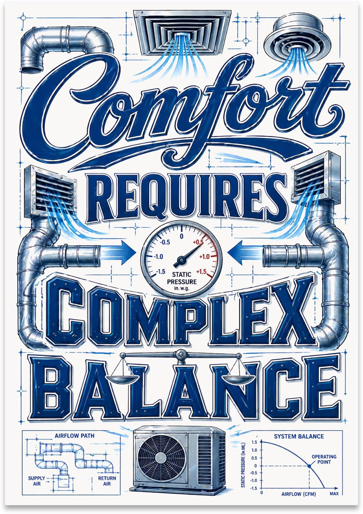 Comfort Requires Complex Balance HVAC poster with ducts, vents, a pressure gauge and blue equipment illustrations