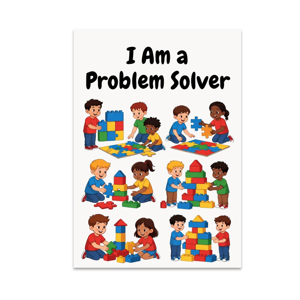I Am a Problem Solver poster showing children working together with puzzles and colorful blocks