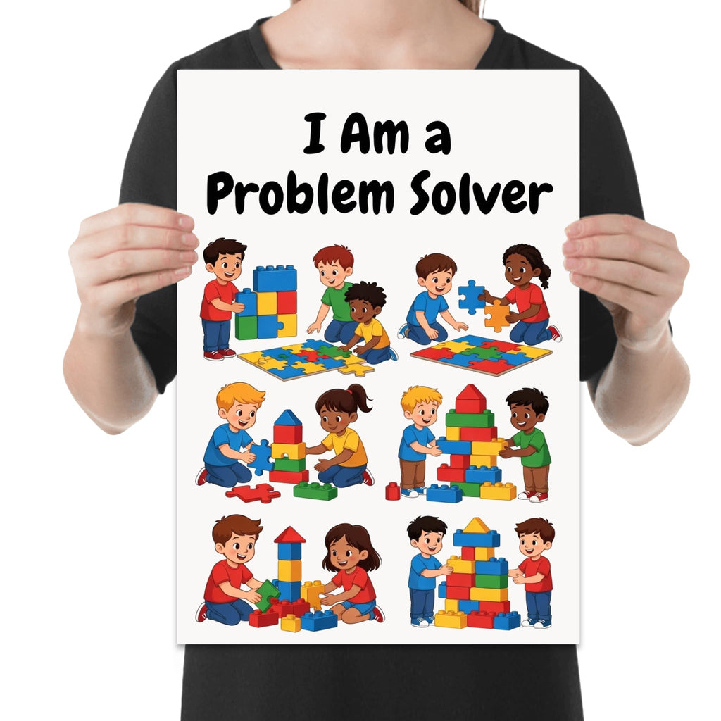 I Am a Problem Solver poster showing children working together with puzzles and colorful blocks shown in a held-poster mockup