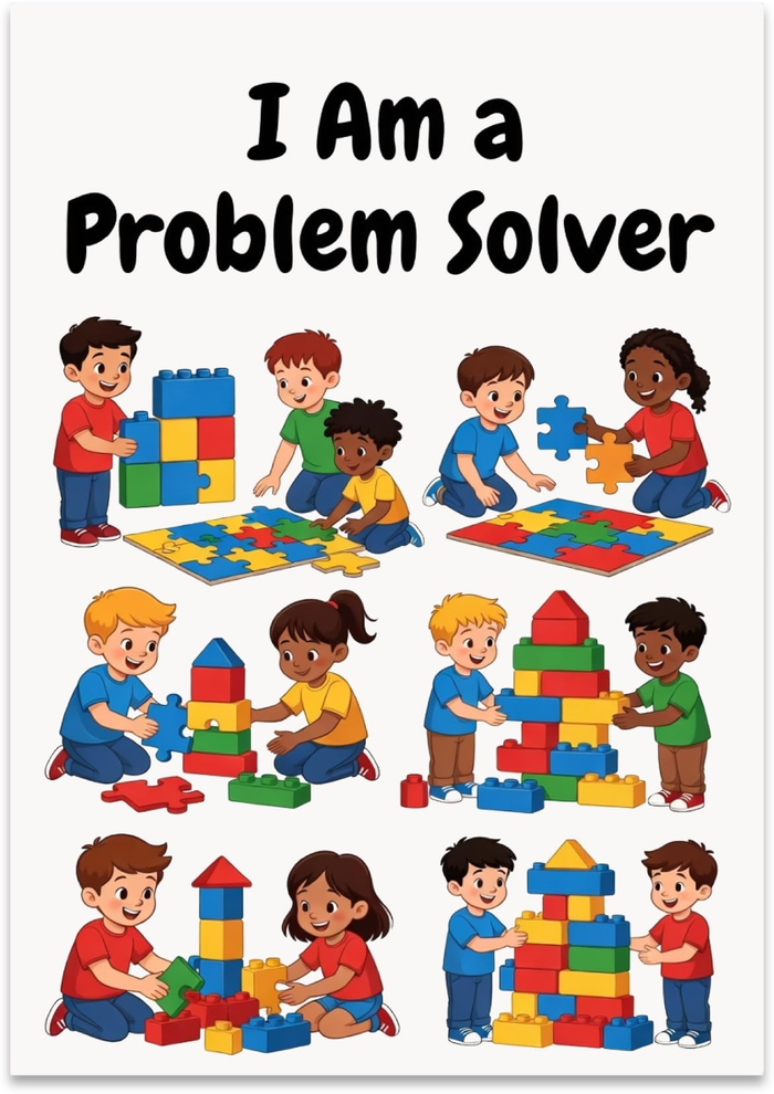 I Am a Problem Solver poster showing children working together with puzzles and colorful blocks