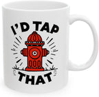 White firefighter mug showing the red hydrant and I’d Tap That design, handle on the right