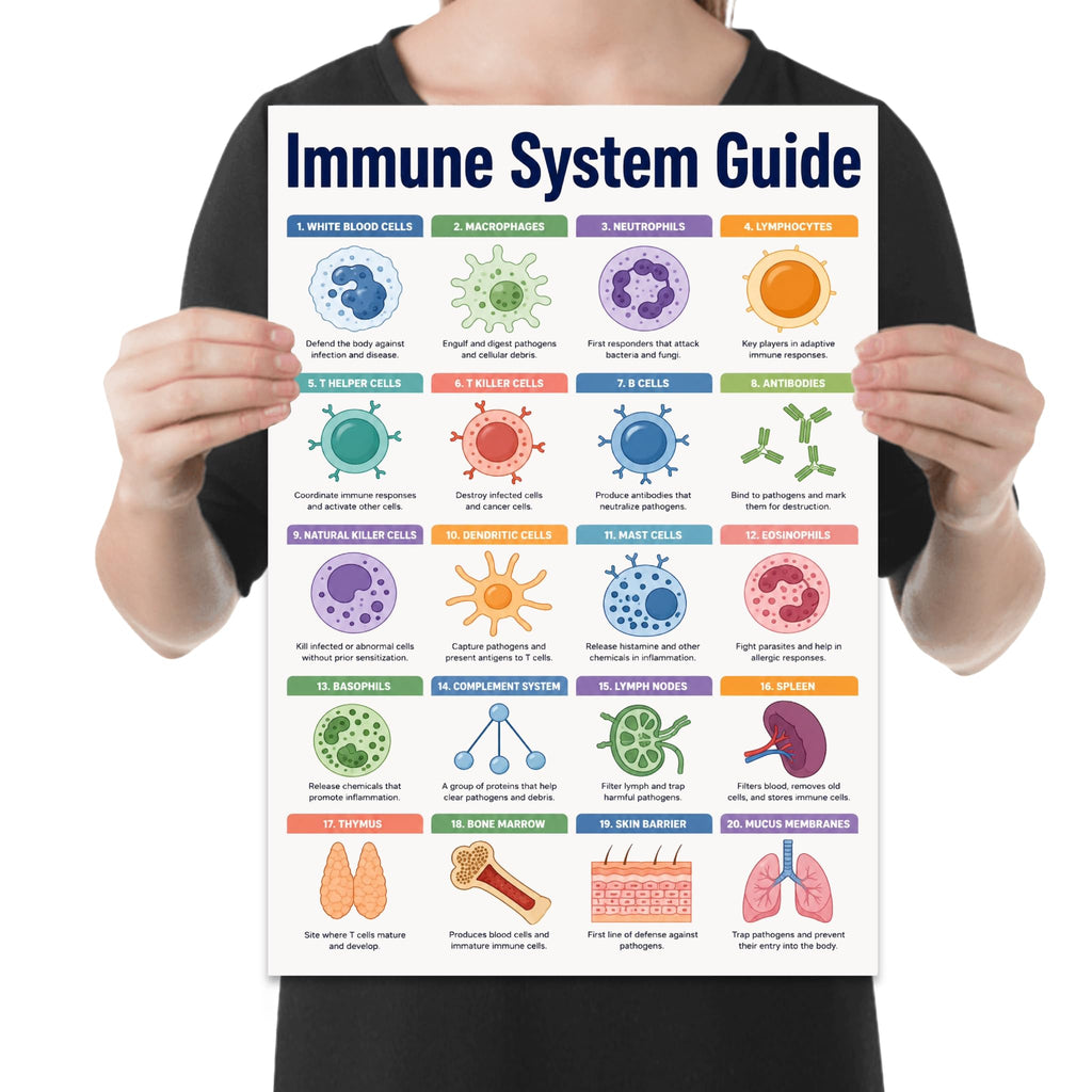 Immune System Guide poster with twenty colorful labeled cells, organs and body-defense illustrations shown in a held-poster mockup