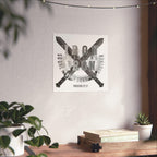 Square Iron Sharpens Iron poster with crossed swords and Proverbs 27:17 displayed above a desk