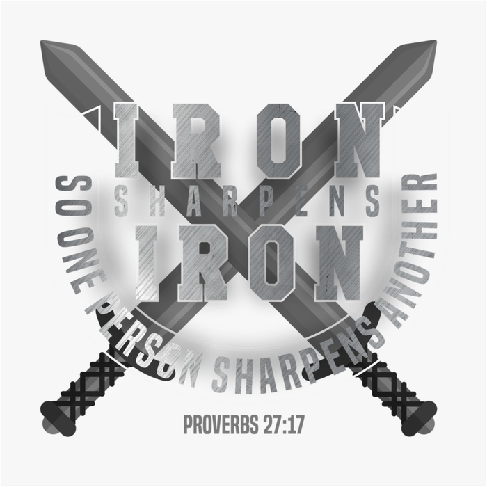 Square Iron Sharpens Iron poster with crossed swords and Proverbs 27:17