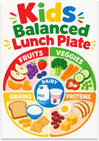 Kids Balanced Lunch Plate poster with colorful labeled sections for fruits, vegetables, grains, proteins and dairy