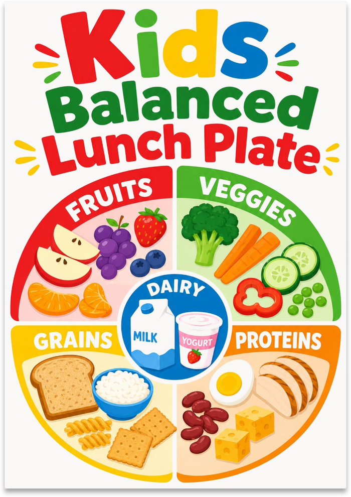 Kids Balanced Lunch Plate poster with colorful labeled sections for fruits, vegetables, grains, proteins and dairy
