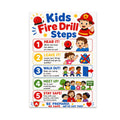 Kids Fire Drill Steps poster with five colorful numbered prompts and illustrated children