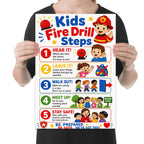 Kids Fire Drill Steps poster with five colorful numbered prompts and illustrated children held by a person for scale