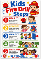 Kids Fire Drill Steps poster with five colorful numbered prompts and illustrated children