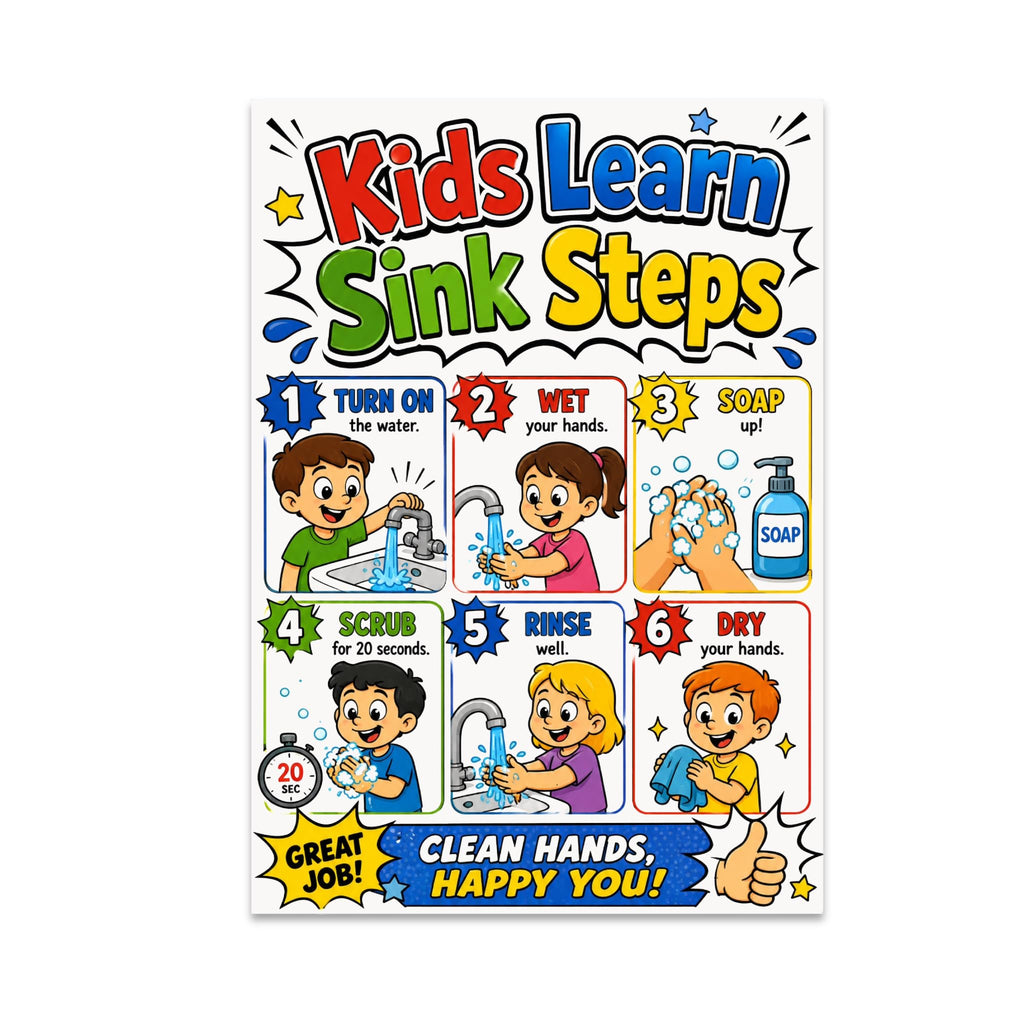 Kids Learn Sink Steps poster with six colorful handwashing panels and a 20-second scrub cue