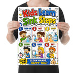 Kids Learn Sink Steps poster with six colorful handwashing panels and a 20-second scrub cue, shown held for scale