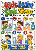 Kids Learn Sink Steps poster with six colorful handwashing panels and a 20-second scrub cue