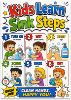 Kids Learn Sink Steps poster with six colorful handwashing panels and a 20-second scrub cue
