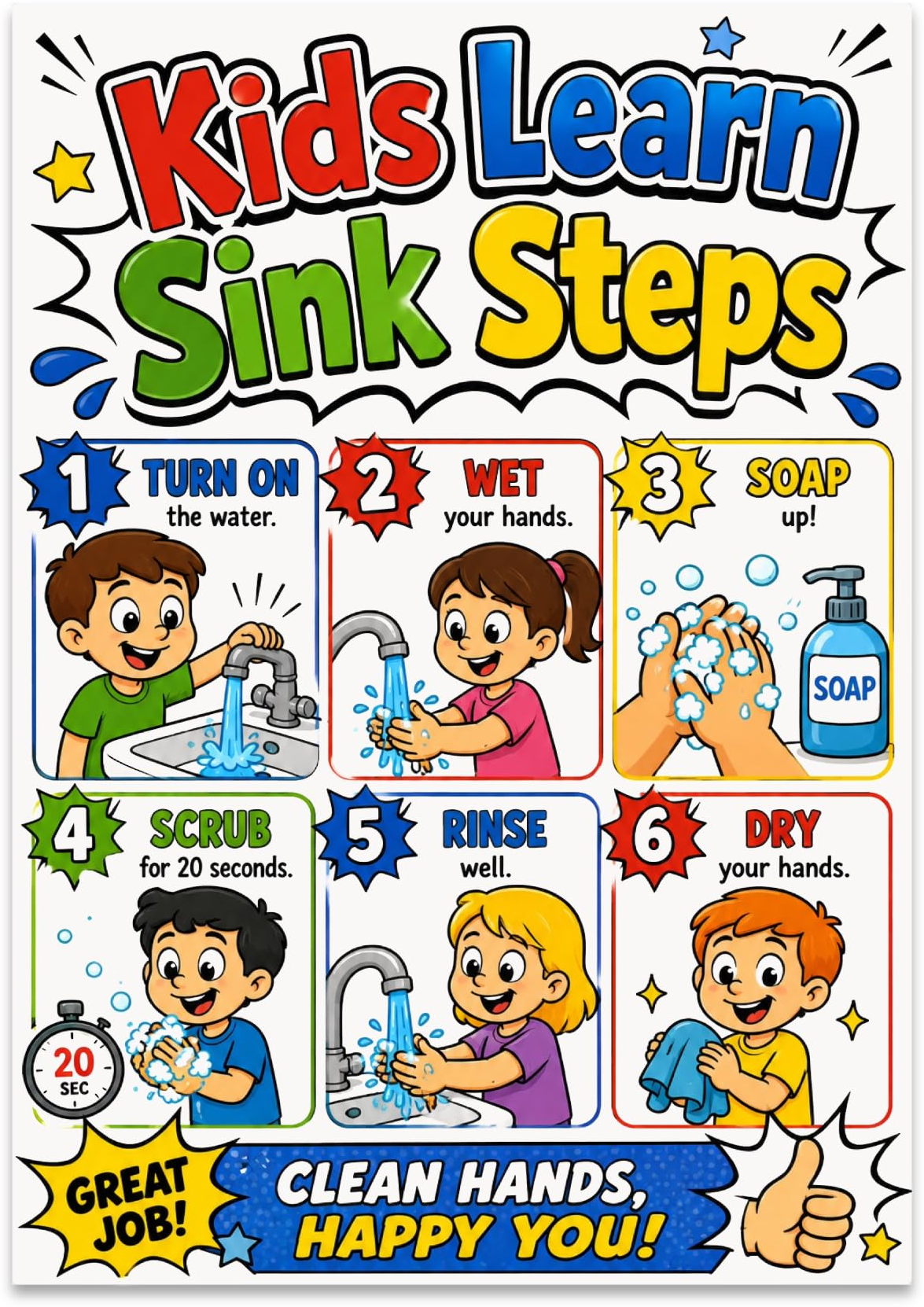 Kids Learn Sink Steps poster with six colorful handwashing panels and a 20-second scrub cue
