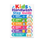 Kids Handwash Step Guide poster with colorful numbered wet, soap, scrub, rinse and dry panels